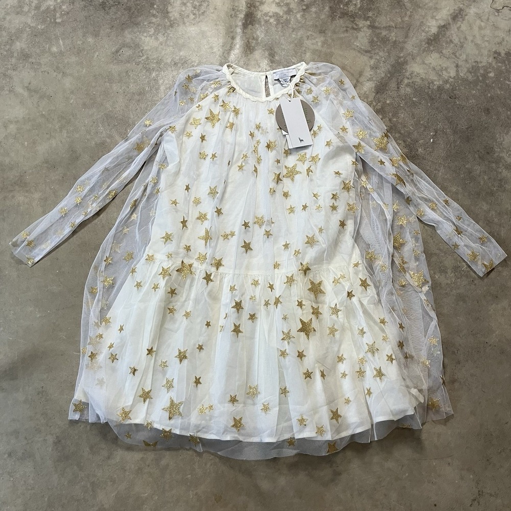 Stella McCartney Kids Girls Sz 10 White Tulle Gold Metallic Stars Long‎ Sleeve